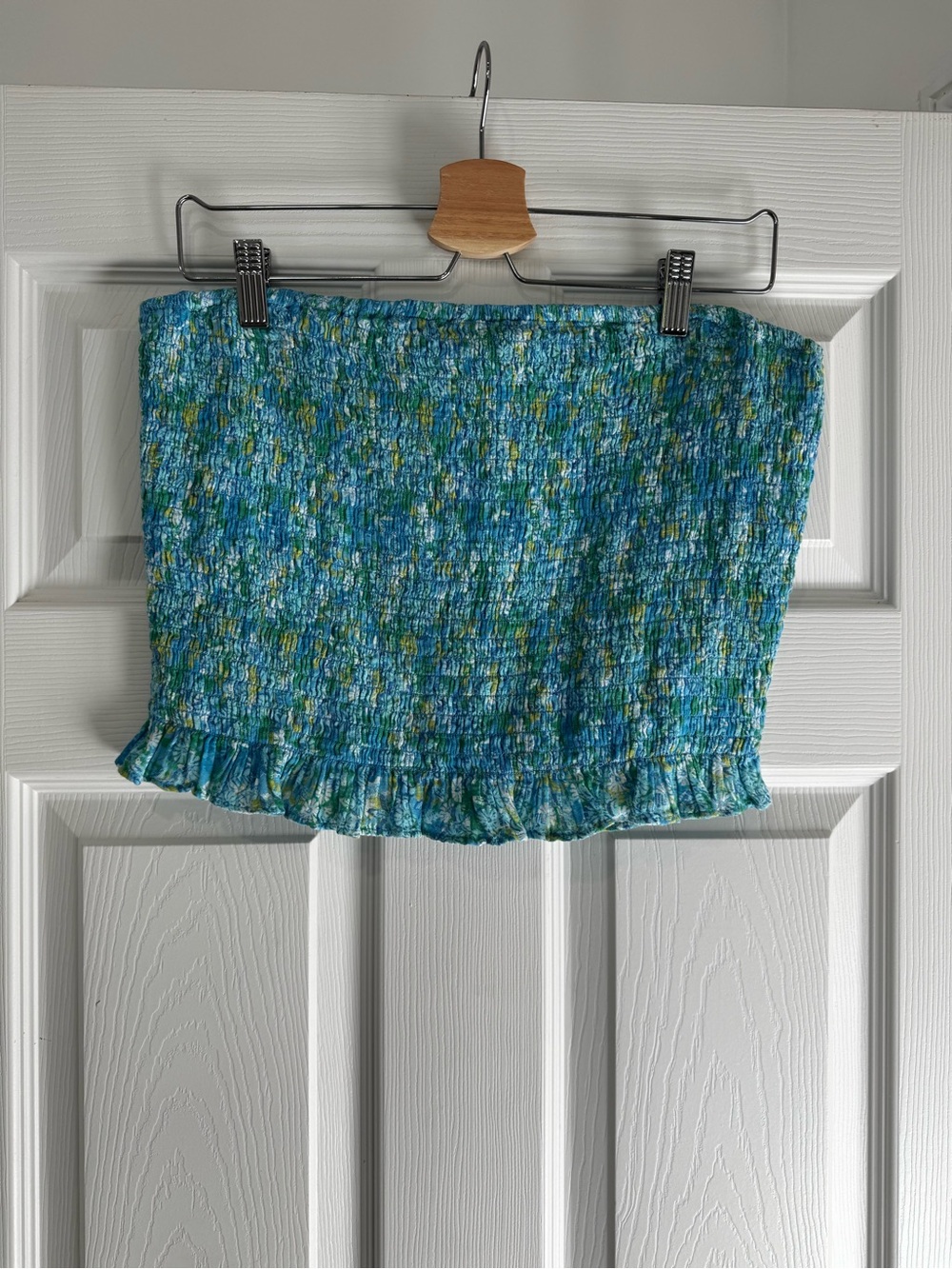 Smocked Blue-Green Ruffle Hem Women's tube top